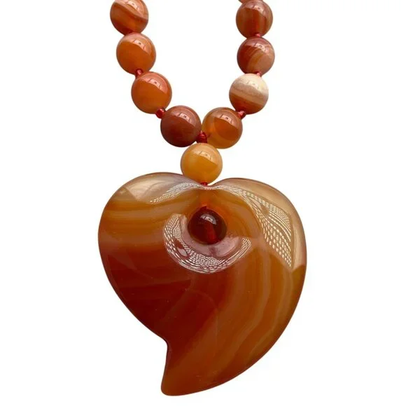 New Long Orange Agate Beaded Necklace Heart Pendant Engraving 15" - Picture 3 of 9
